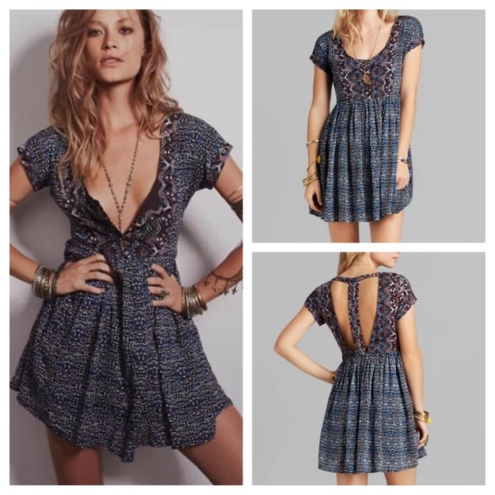 FREE PEOPLE SUNDOWN BABYDOLL DRESS BLUE COMBO